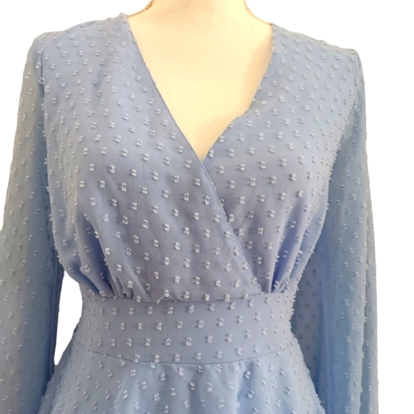 JOPNA light blue dot swiss, long sleeve, tiered, lined mini dress. - Picture 2 of 5